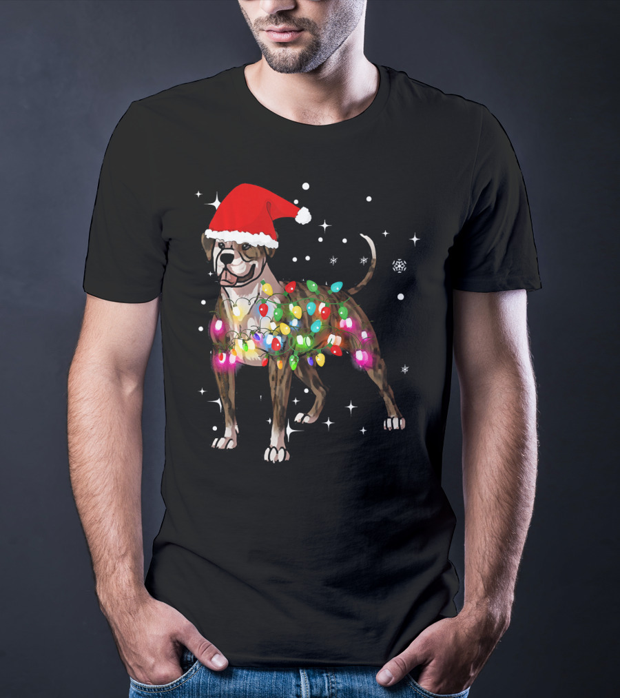 Christmas Lights American Bulldog Santa Hat Snowflakes T-Shirt