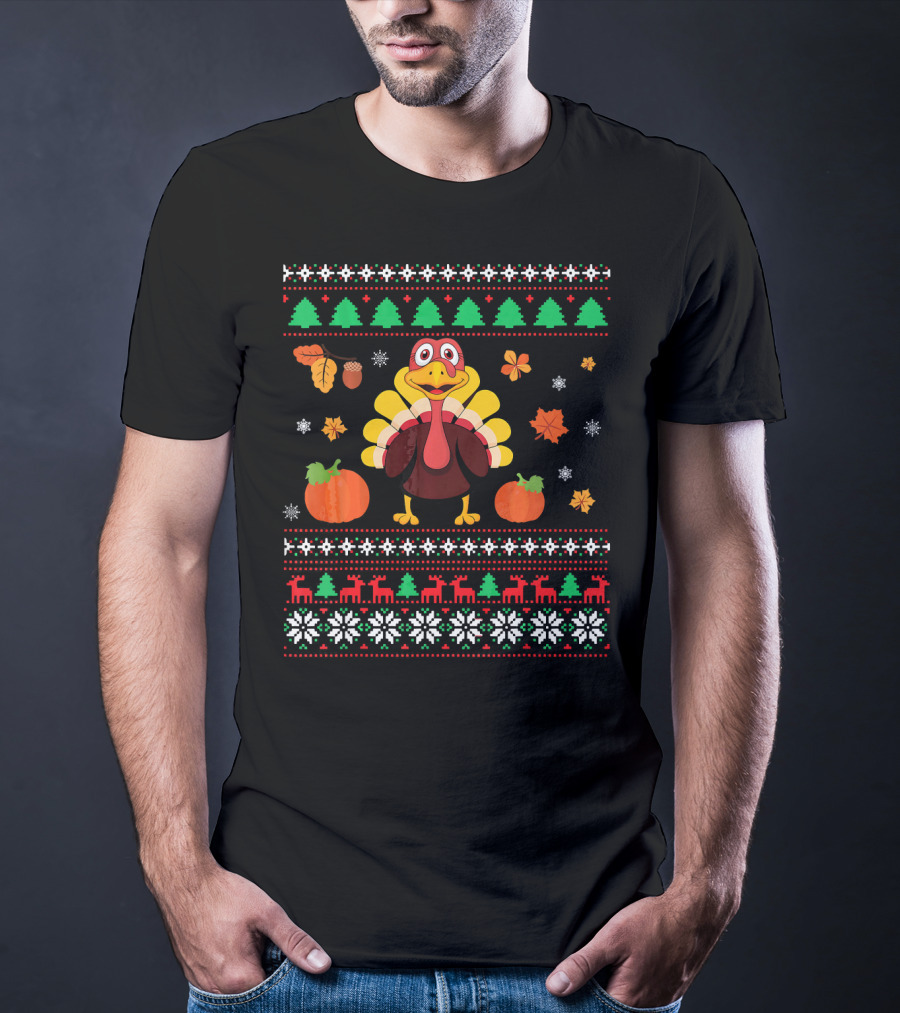 Thanksgiving Turkey Ugly Christmas Sweater Design With Pumpkins And Autumn Leaves T-Shirt