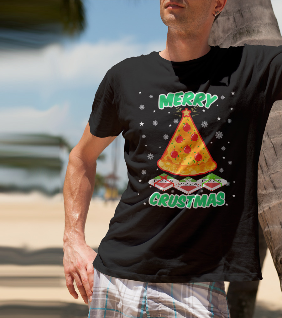 MERRY CRUSTMAS Funny Pizza Christmas Tree With Snowflakes And Pizza Boxes T-Shirt