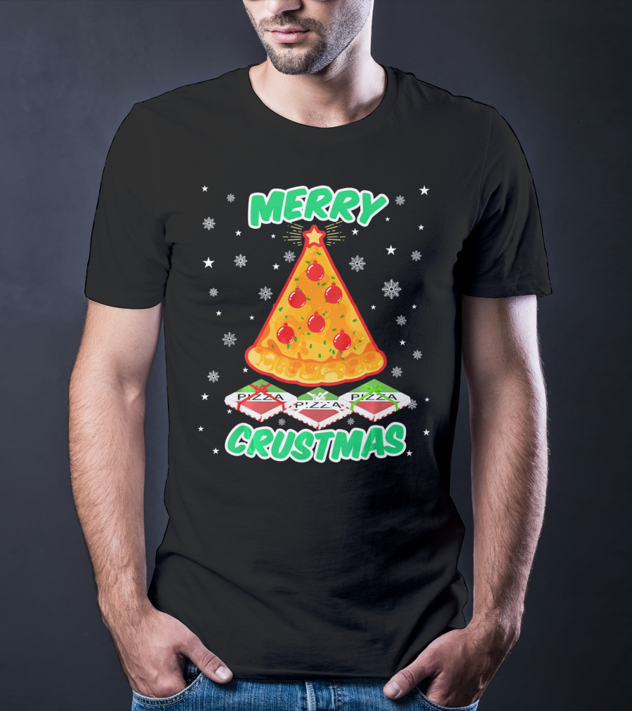 MERRY CRUSTMAS Funny Pizza Christmas Tree With Snowflakes And Pizza Boxes T-Shirt