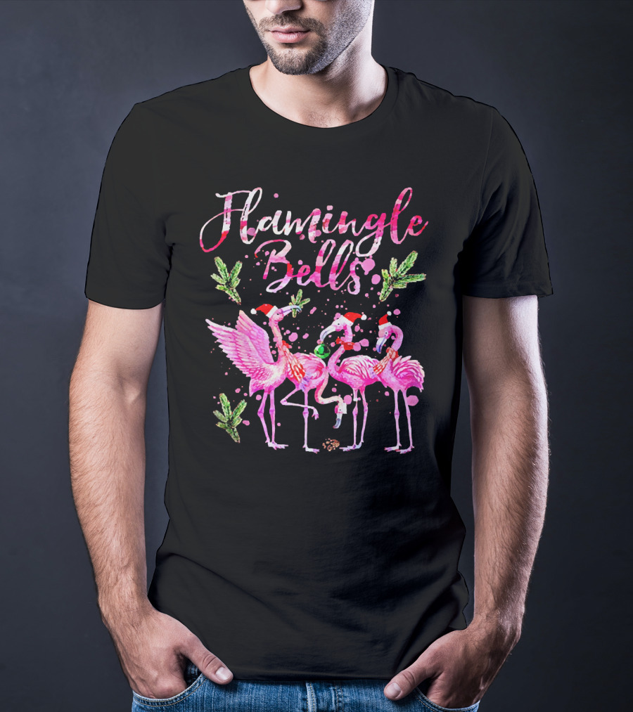 Flamingle Bells Flamingos With Christmas Santa Hats And Holiday Greenery T-Shirt