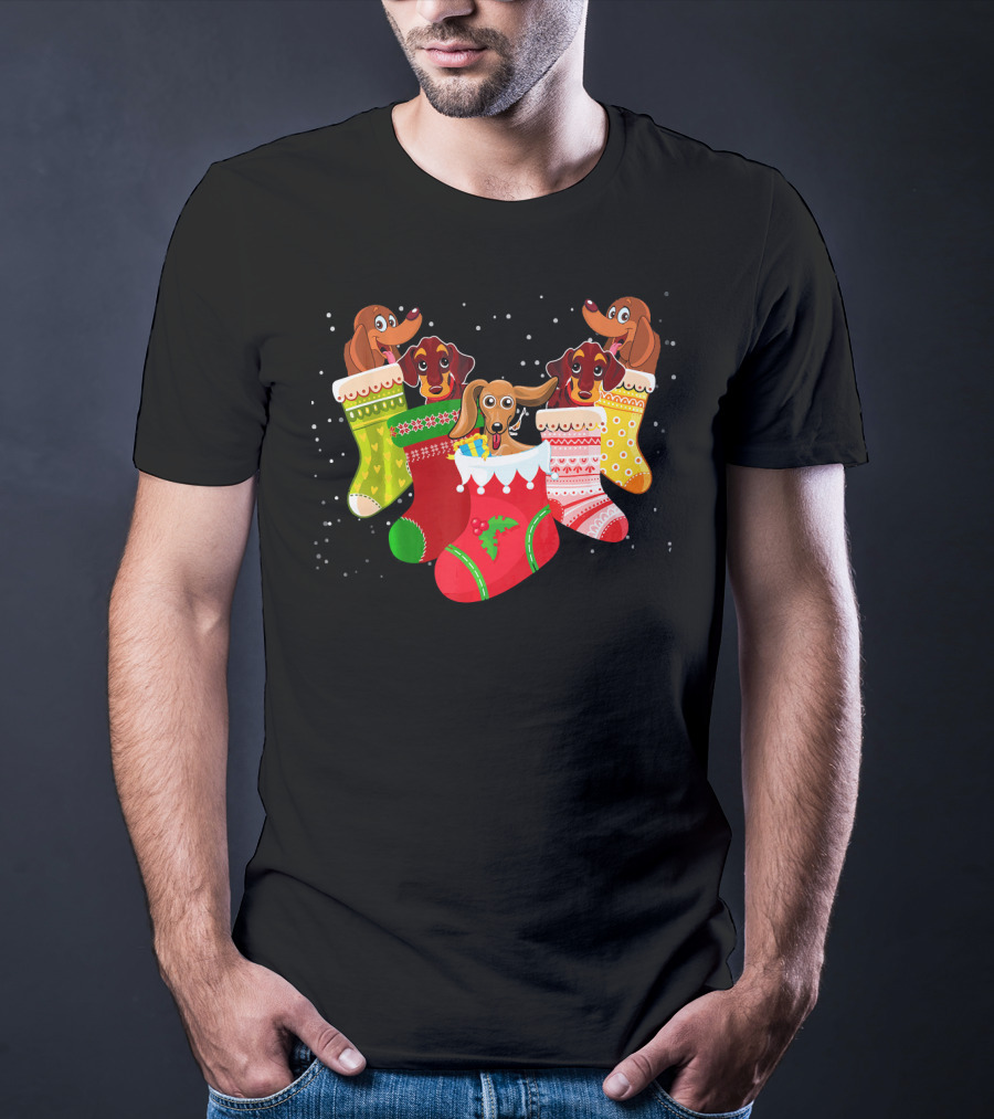 Playful Dachshunds In Colorful Christmas Socks Festive Humor T-Shirt