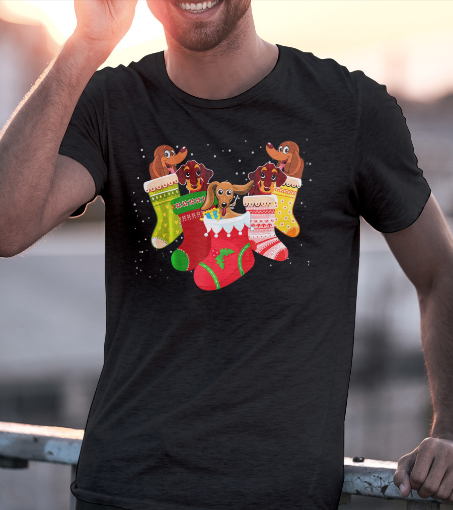 Playful Dachshunds In Colorful Christmas Socks Festive Humor T-Shirt