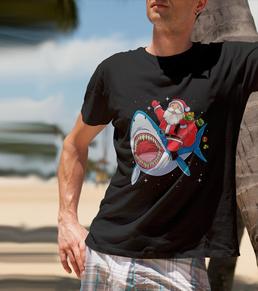 Santa Claus Riding A Shark With Gifts T-Shirt