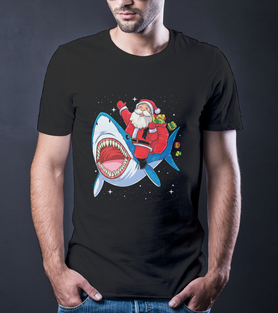 Santa Claus Riding A Shark With Gifts T-Shirt