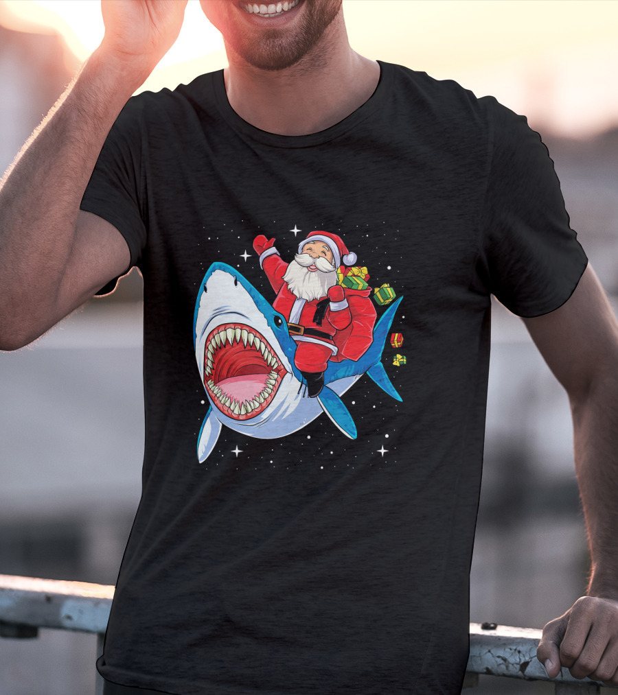Santa Claus Riding A Shark With Gifts T-Shirt