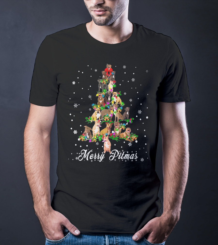 Merry Pitmas Pitbull Christmas Tree With Snowflakes And Holiday Decorations T-Shirt