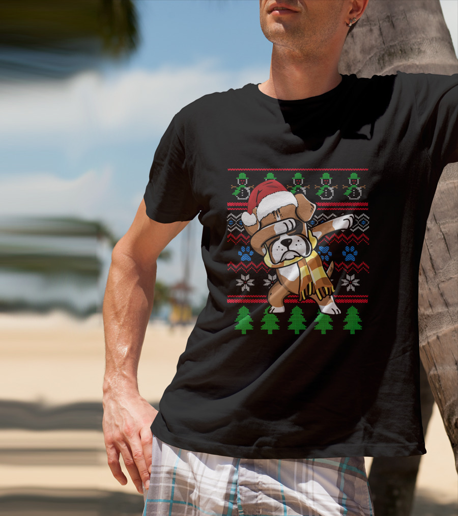 Xmas Boxer Dabbing Santa Hat UglyStyle Sweater Pattern Snowflakes Trees T-Shirt