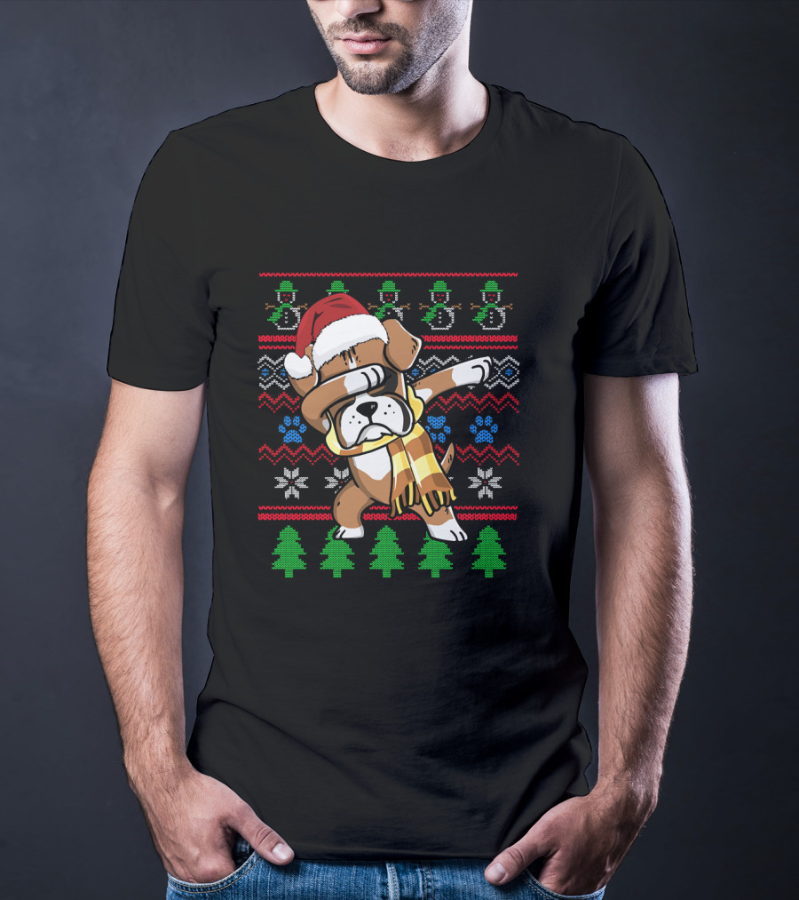 Xmas Boxer Dabbing Santa Hat UglyStyle Sweater Pattern Snowflakes Trees T-Shirt