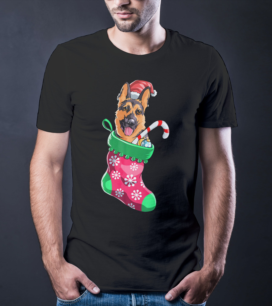 German Shepherd In Christmas Santa Hat Stocking With Candy Cane T-Shirt