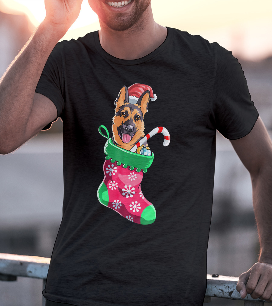 German Shepherd In Christmas Santa Hat Stocking With Candy Cane T-Shirt