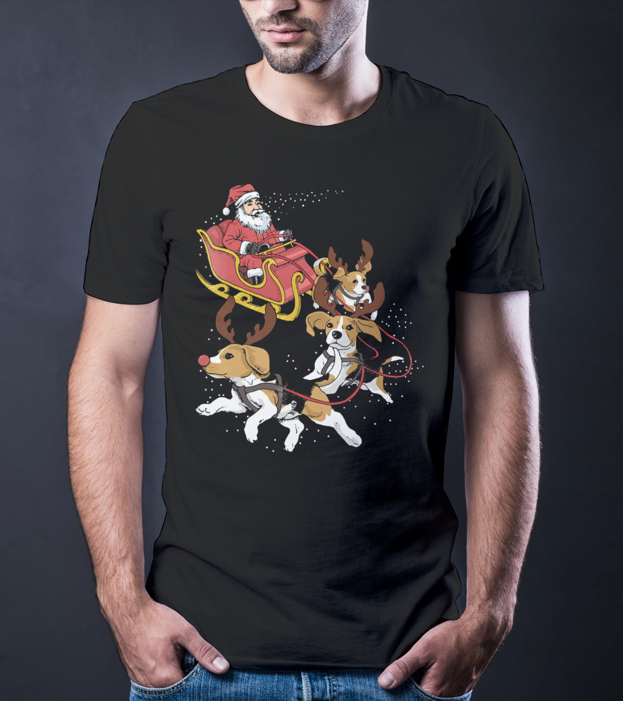 Santa's Sleigh With Beagle Reindeer Trio T-Shirt