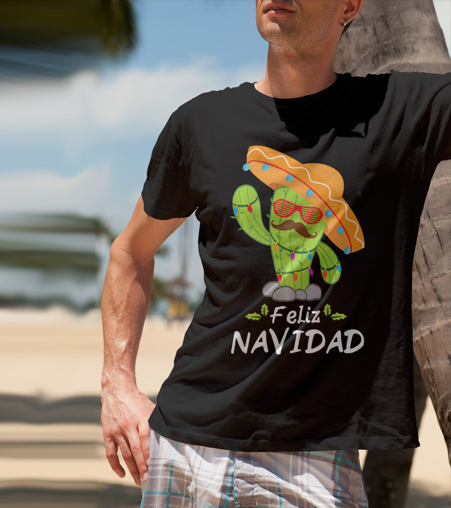 Feliz Navidad Cactus Mexican Tree Christmas Sombrero Lights T-Shirt