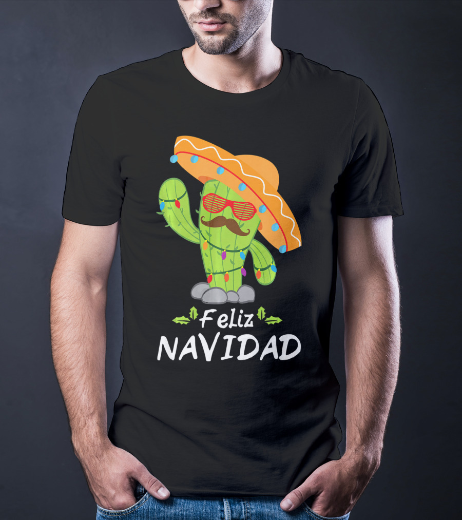 Feliz Navidad Cactus Mexican Tree Christmas Sombrero Lights T-Shirt