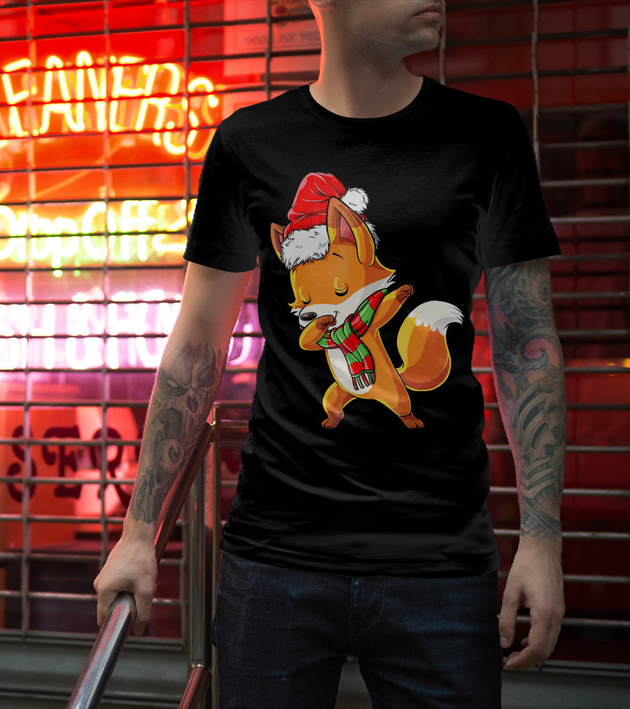 Christmas Dab Fox With Santa Hat And Scarf T-Shirt