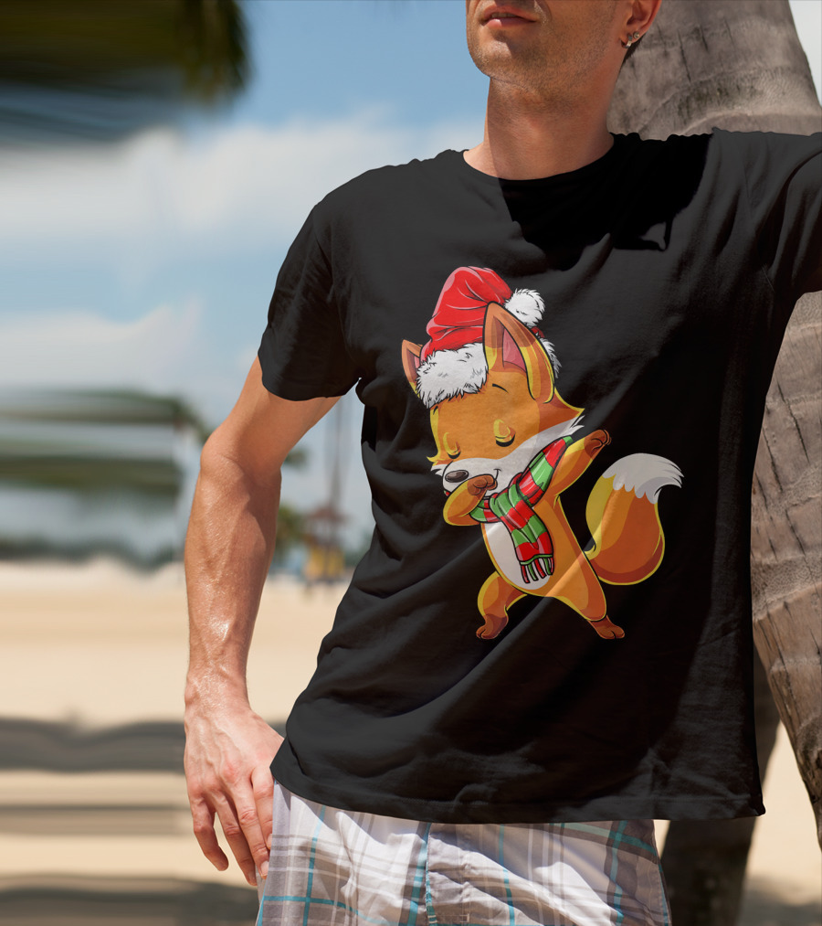 Christmas Dab Fox With Santa Hat And Scarf T-Shirt
