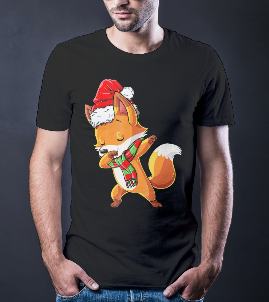 Christmas Dab Fox With Santa Hat And Scarf T-Shirt
