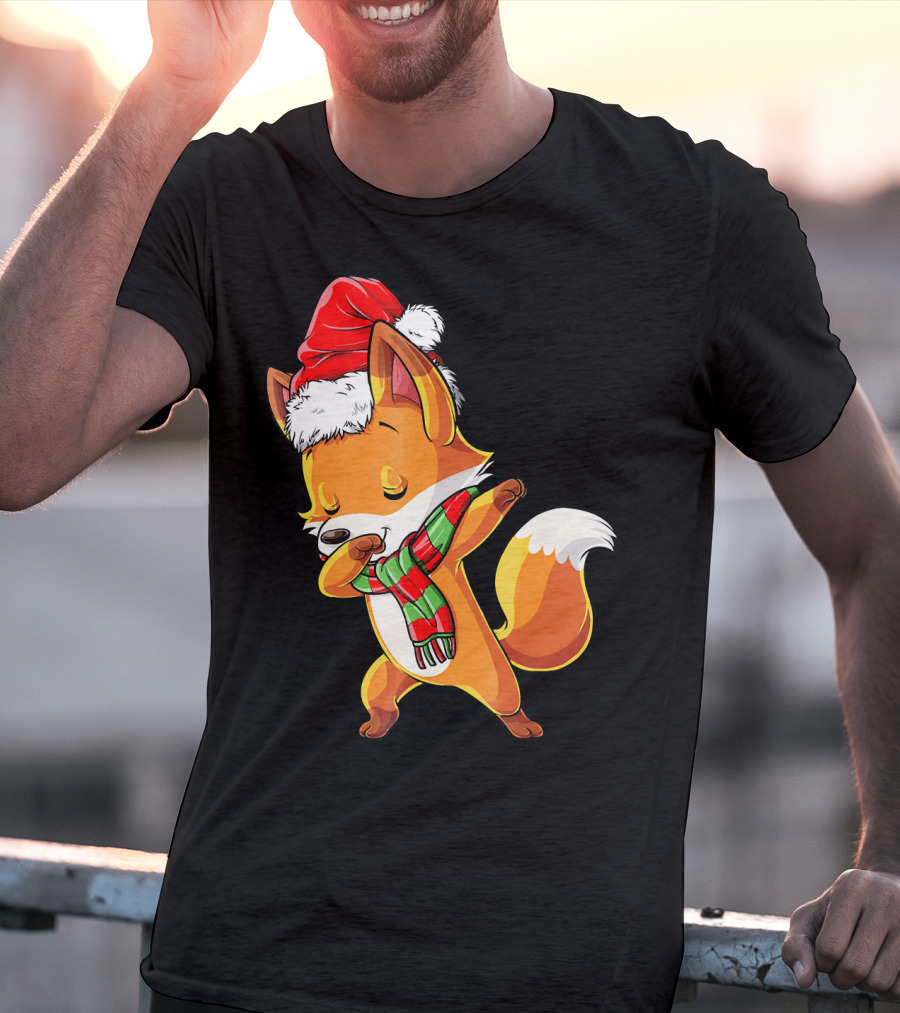 Christmas Dab Fox With Santa Hat And Scarf T-Shirt