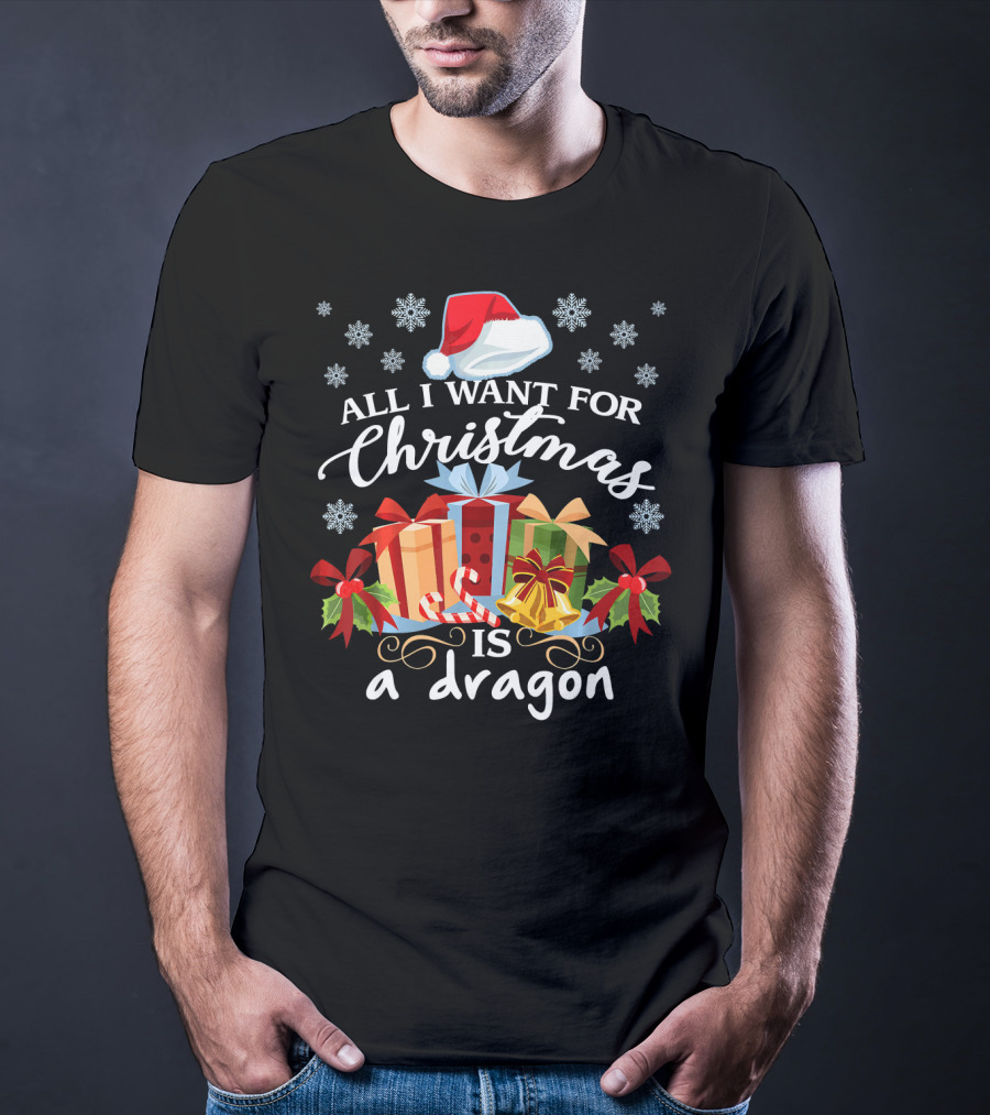 All I Want For Christmas Is A Dragon Santa Hat Presents Snowflakes T-Shirt