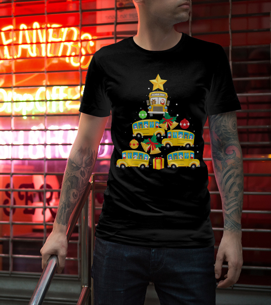 School Bus Christmas Tree With Santa Reindeer Ornaments And Gifts T-Shirt