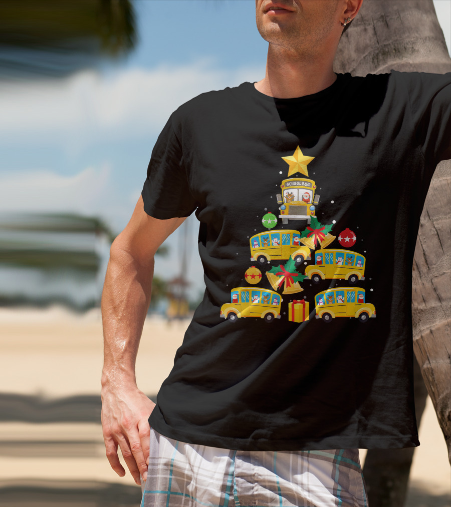 School Bus Christmas Tree With Santa Reindeer Ornaments And Gifts T-Shirt