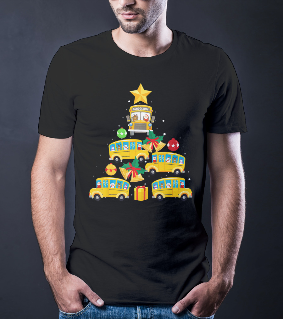 School Bus Christmas Tree With Santa Reindeer Ornaments And Gifts T-Shirt