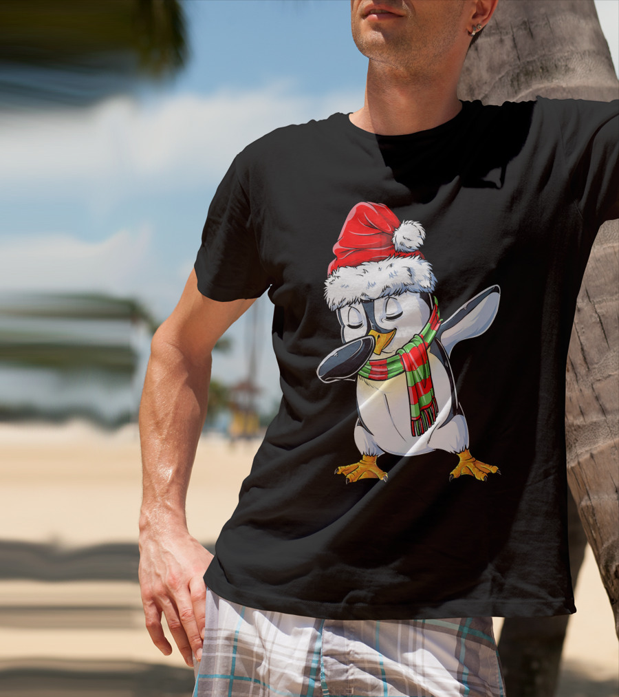 Dabbing Penguin Santa Claus With Festive Scarf T-Shirt