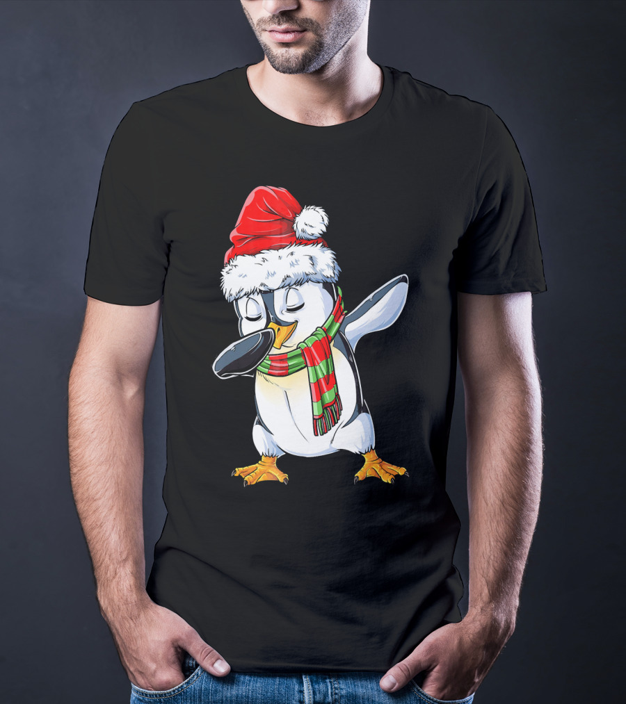 Dabbing Penguin Santa Claus With Festive Scarf T-Shirt
