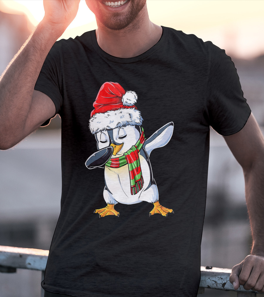 Dabbing Penguin Santa Claus With Festive Scarf T-Shirt