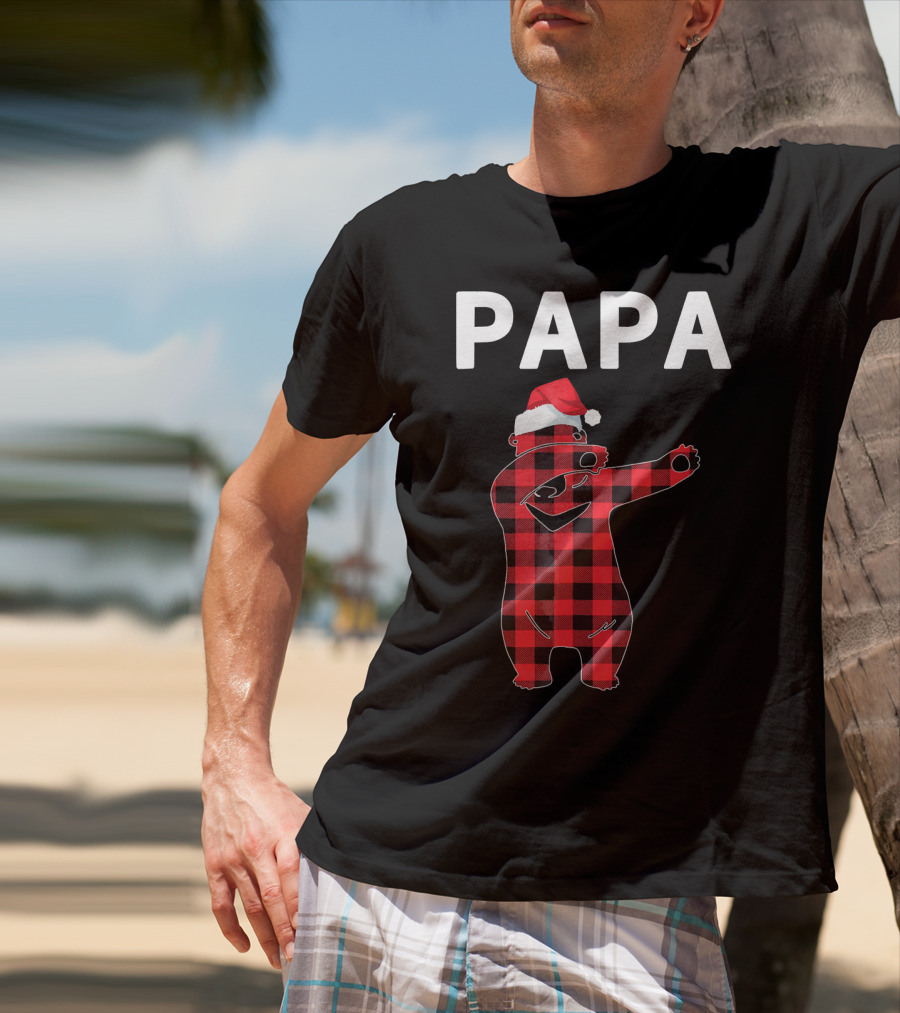 PAPA Bear Plaid Santa Hat Christmas Dabbing T-Shirt