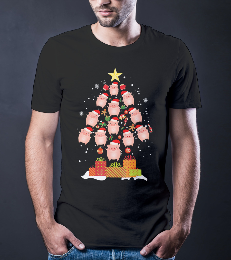Christmas Tree Of Santa Hat Pigs With Gifts And Snowflakes T-Shirt
