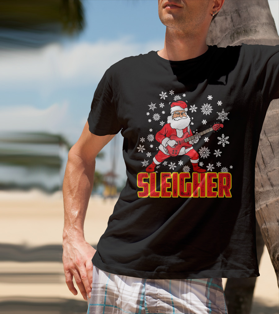 Sleigher Santa Claus With Guitar And Snowflakes T-Shirt