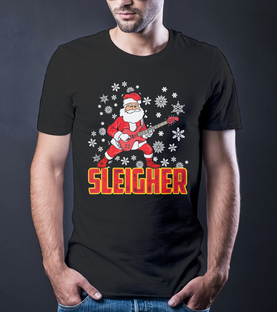 Sleigher Santa Claus With Guitar And Snowflakes T-Shirt
