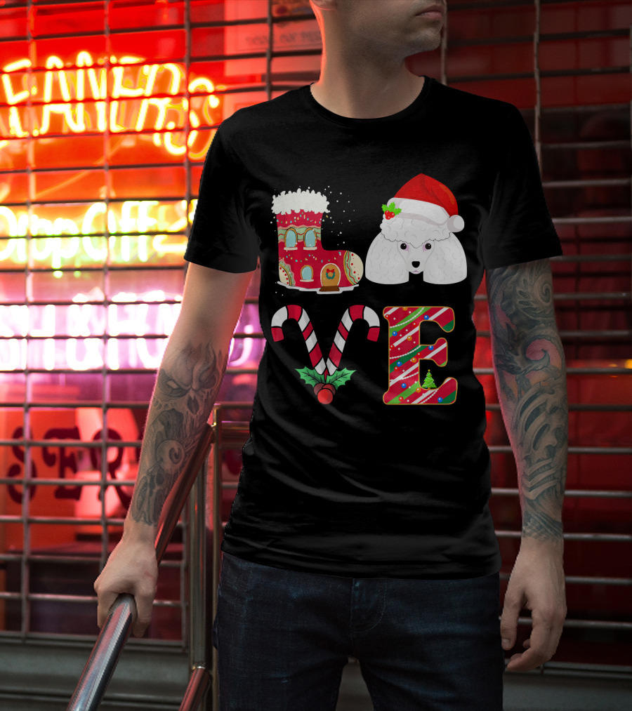 I Love My Poodle Funny Christmas Poodle Candy Cane Santa Hat Holiday Boot T-Shirt