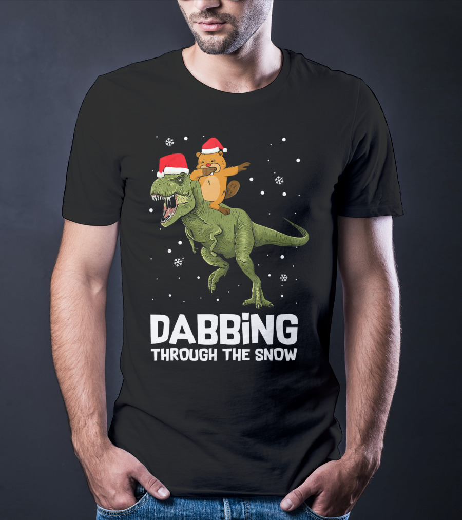 Beaver Dabbing On Dinosaur Wearing Santa Hats Dabbing Through The Snow T-Shirt