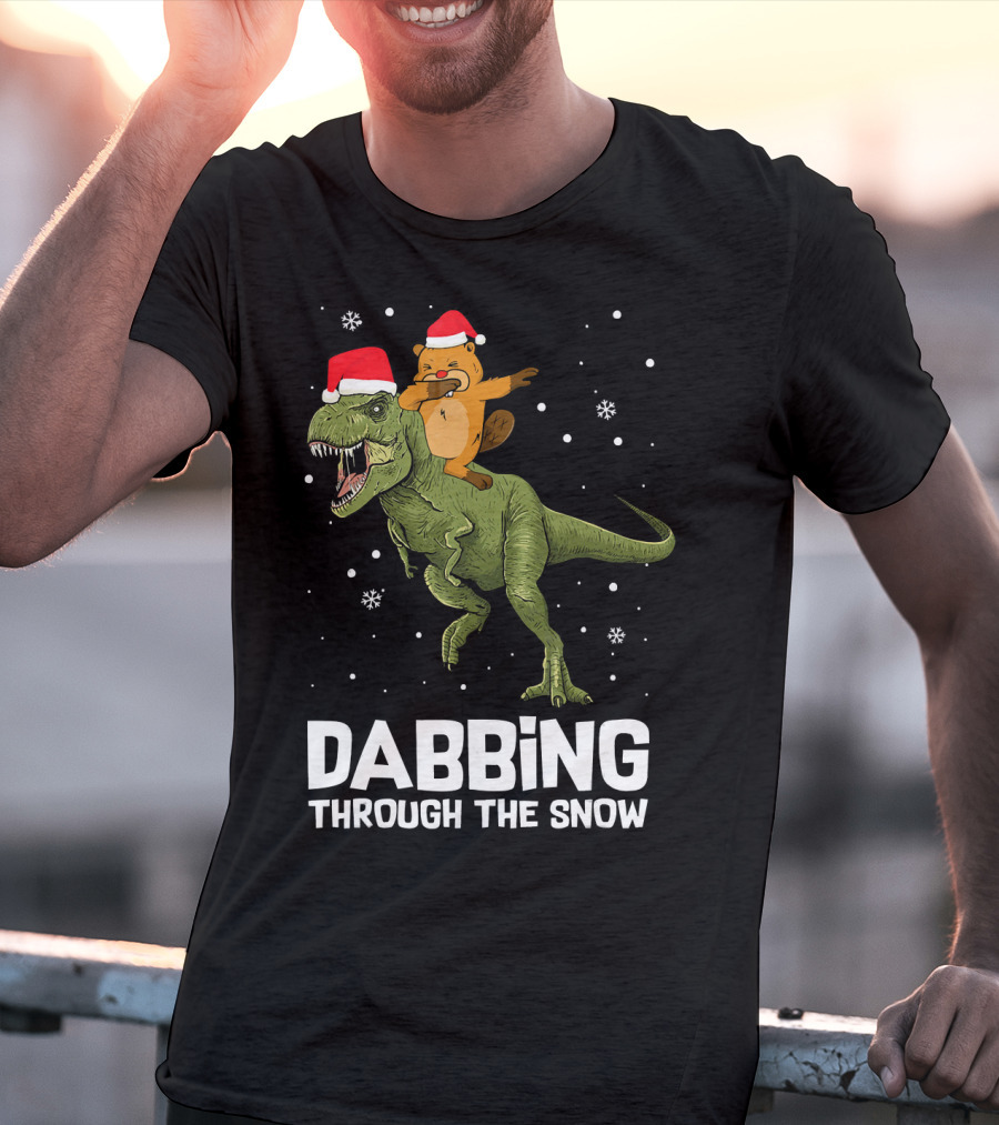 Beaver Dabbing On Dinosaur Wearing Santa Hats Dabbing Through The Snow T-Shirt