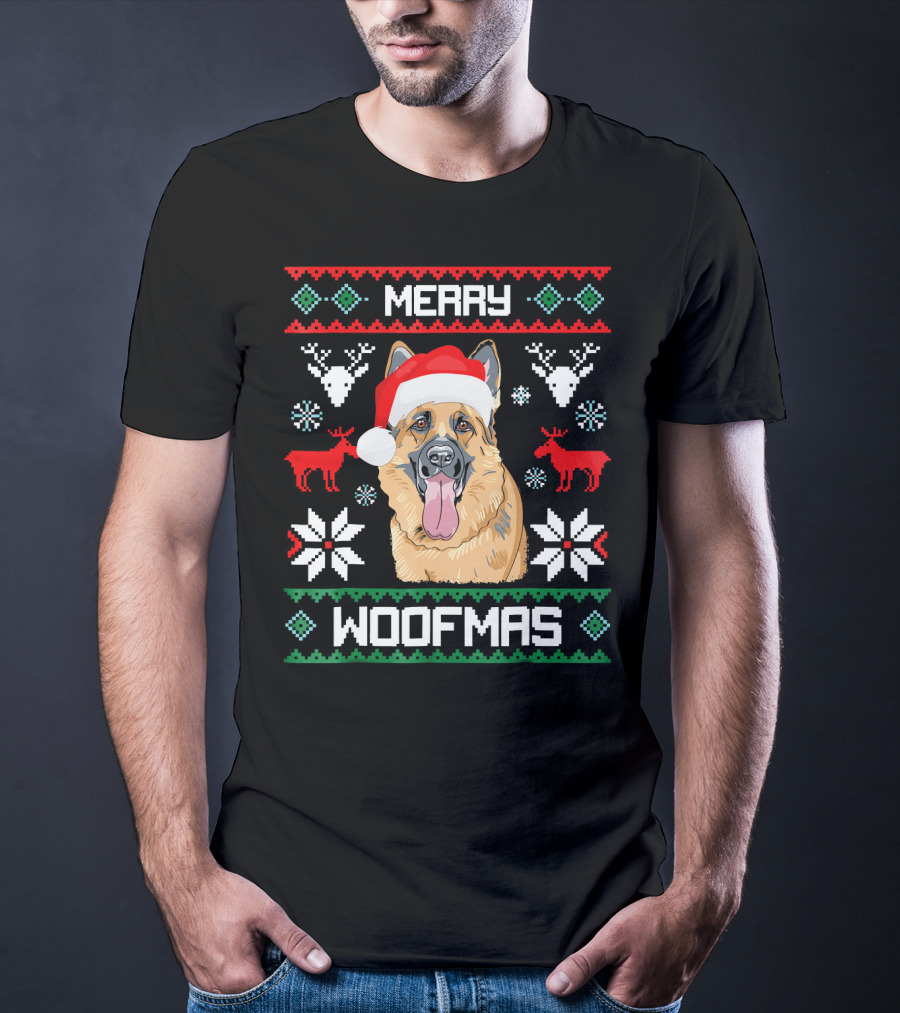 Merry Woofmas German Shepherd Santa Hat Christmas Reindeer Snowflakes T-Shirt