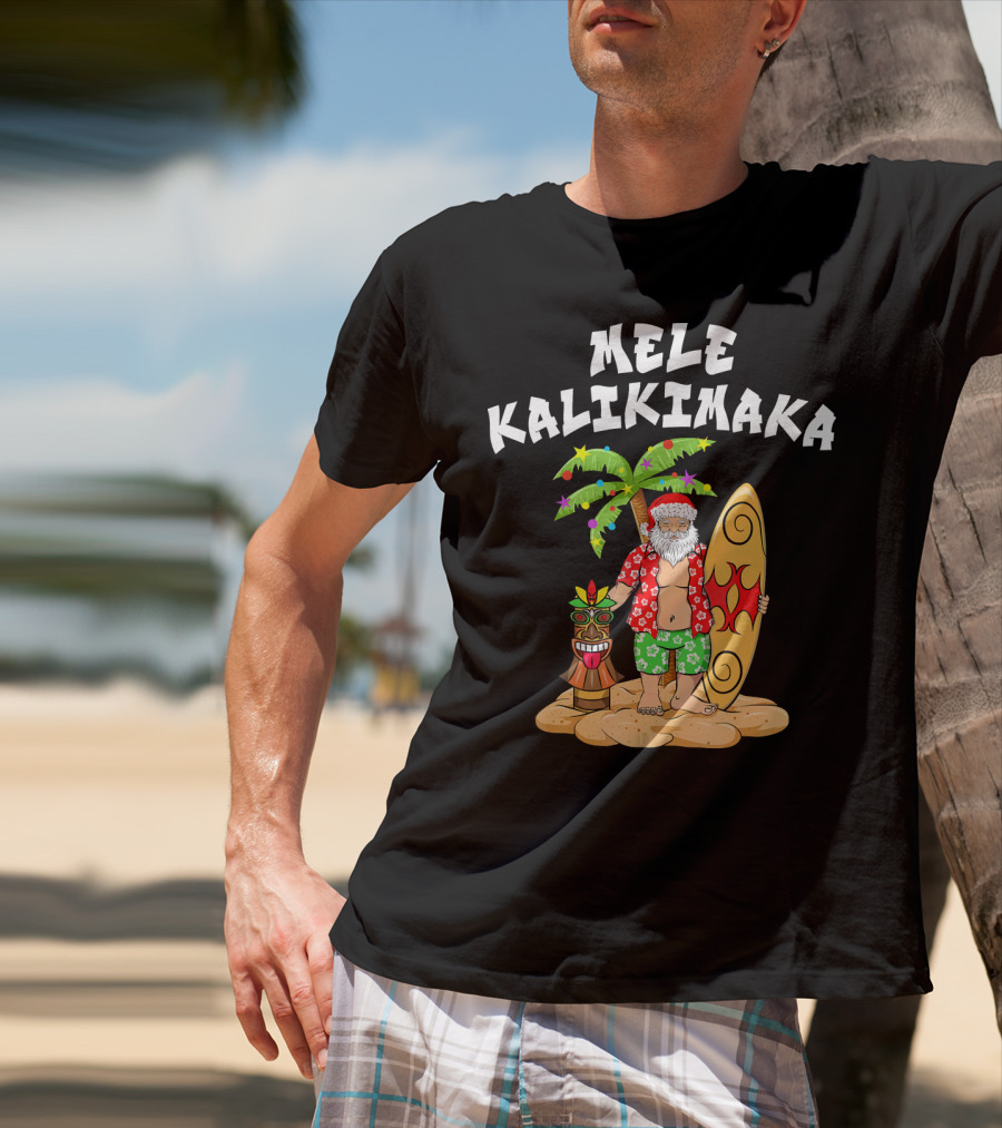 Mele Kalikimaka Santa With Surfboard And Tropical Tiki Palm Tree T-Shirt
