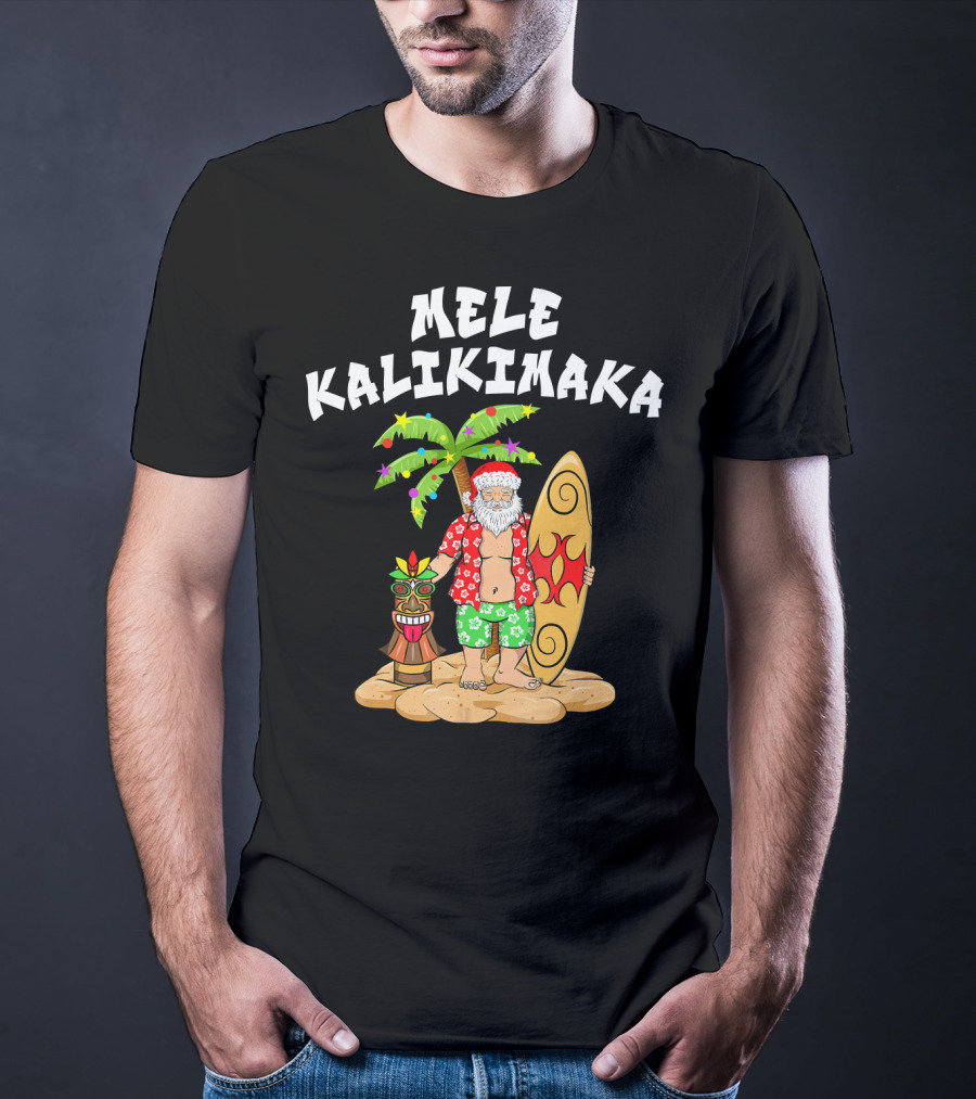 Mele Kalikimaka Santa With Surfboard And Tropical Tiki Palm Tree T-Shirt