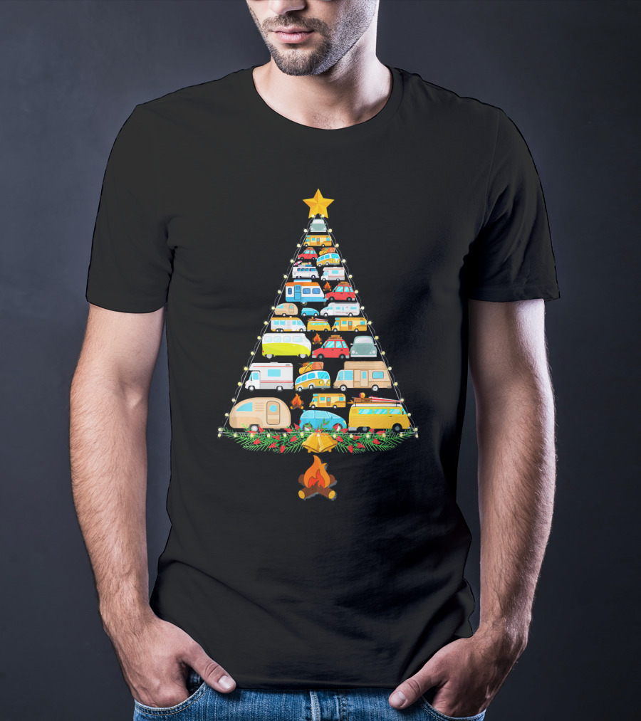 Christmas Tree Made Of Colorful Camping Vehicles With Star And Campfire T-Shirt