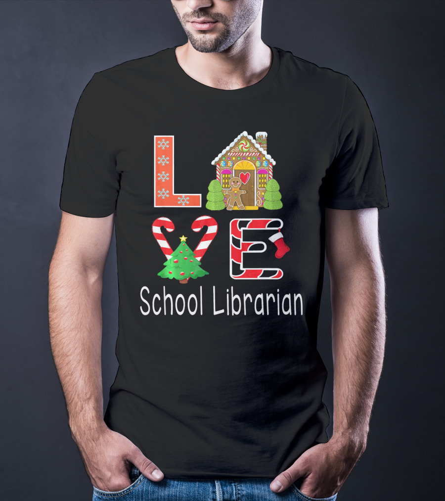 LOVE School Librarian Merry Christmas Gingerbread House Candy Cane Tree T-Shirt