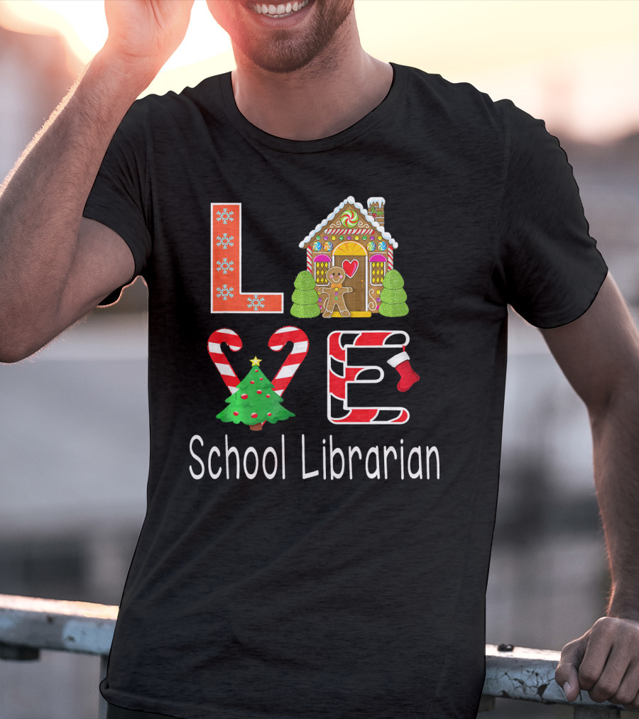 LOVE School Librarian Merry Christmas Gingerbread House Candy Cane Tree T-Shirt