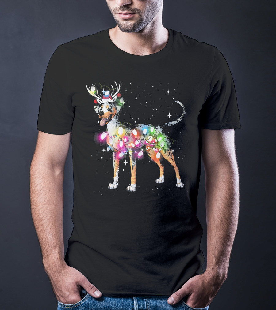 Festive Catahoula Leopard Dog With Christmas Lights And Reindeer Antlers T-Shirt
