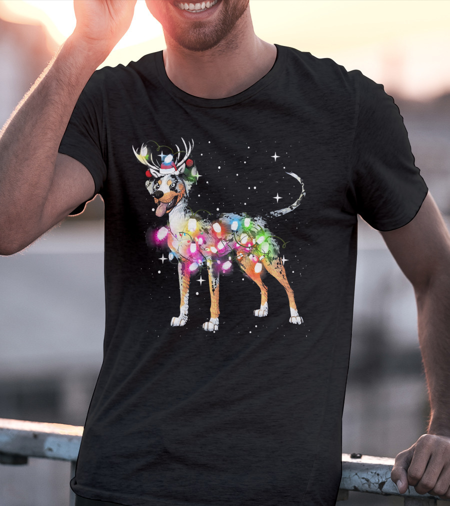 Festive Catahoula Leopard Dog With Christmas Lights And Reindeer Antlers T-Shirt