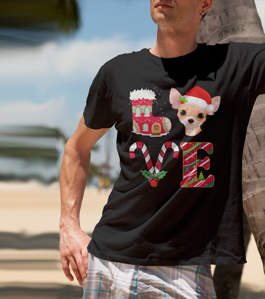 I Love My Chihuahua Christmas Theme With Santa Hat And Holiday Decorations T-Shirt