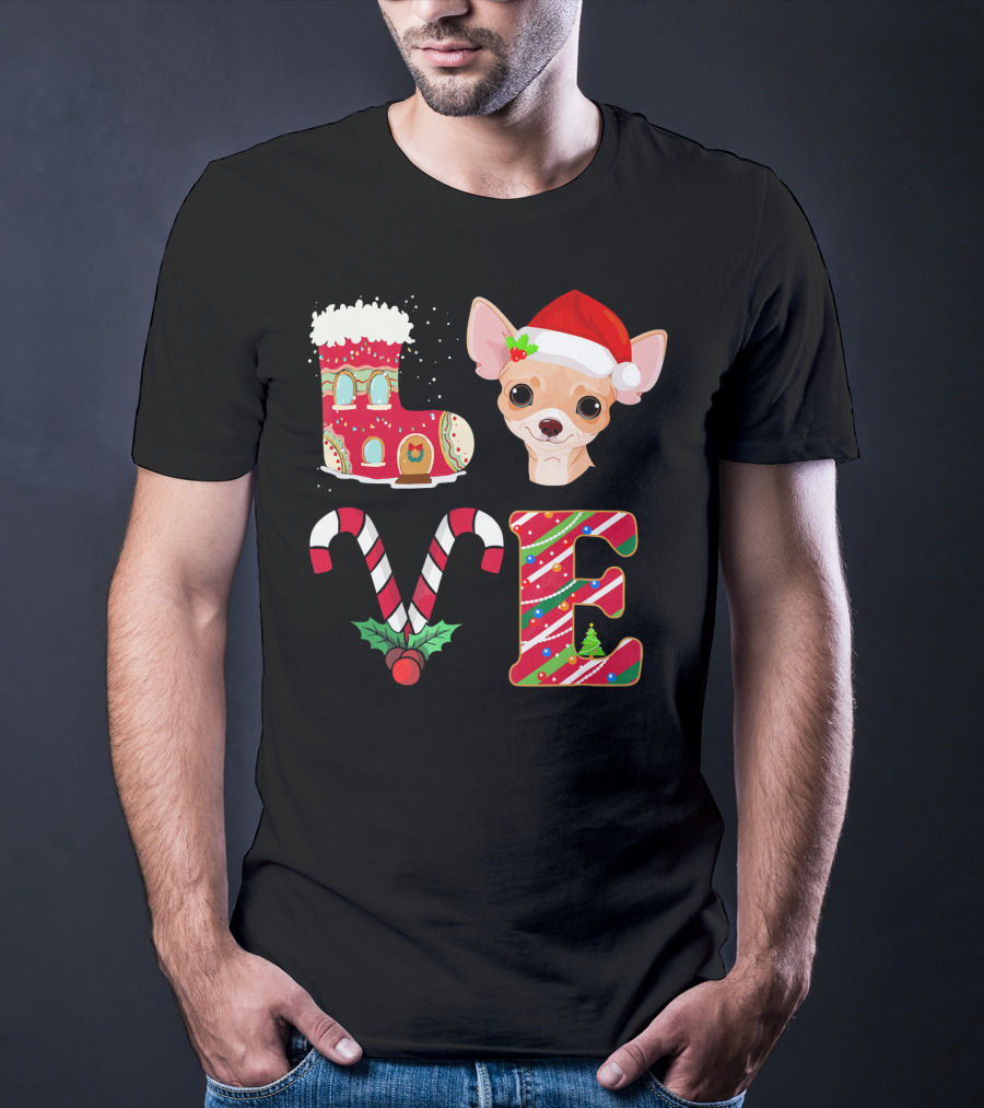 I Love My Chihuahua Christmas Theme With Santa Hat And Holiday Decorations T-Shirt