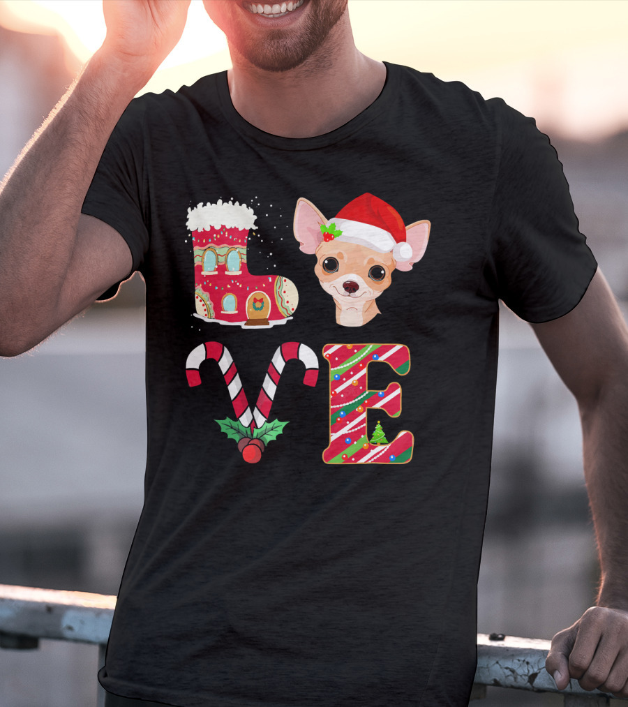 I Love My Chihuahua Christmas Theme With Santa Hat And Holiday Decorations T-Shirt