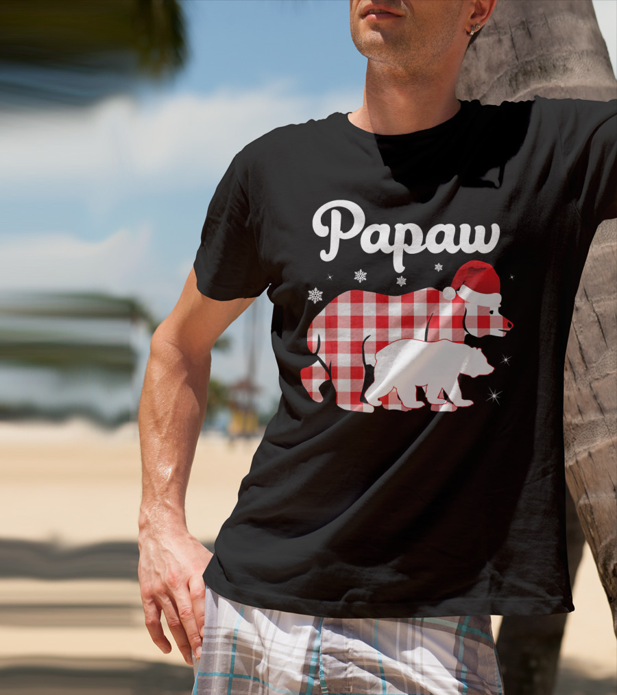 Papaw Red Plaid Bear Santa Hat Snowflakes Matching Family Pajama T-Shirt