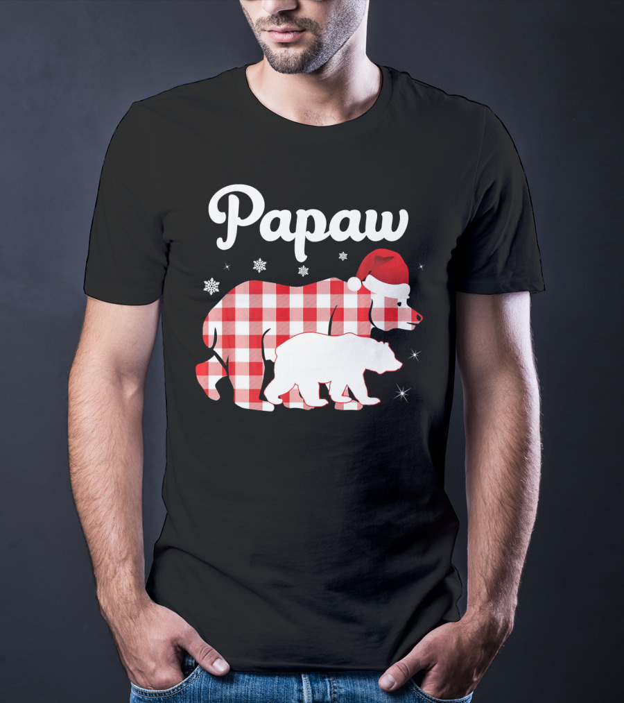 Papaw Red Plaid Bear Santa Hat Snowflakes Matching Family Pajama T-Shirt