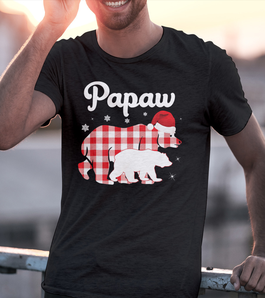 Papaw Red Plaid Bear Santa Hat Snowflakes Matching Family Pajama T-Shirt